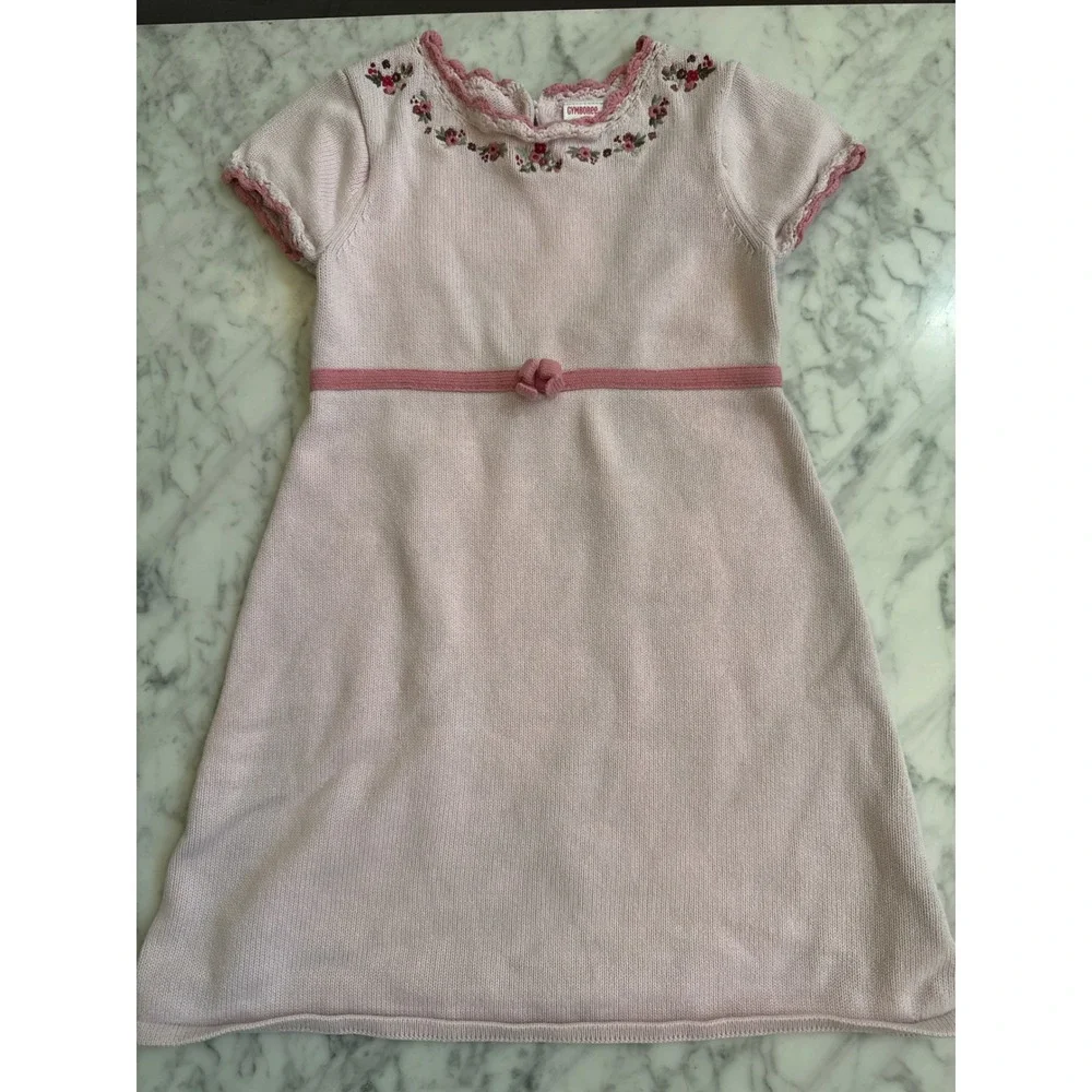 Gymboree Girls Pink Cotton Knit Floral Embroidered Sweater Dress Size 6 Vintage